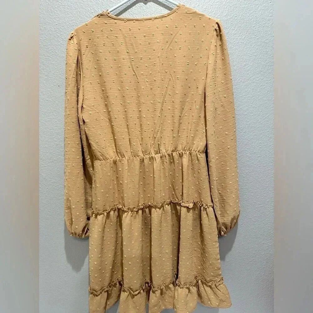 New Boho Swiss Dot Lace Trim Tiered Mini Dress Beige Size Large - Picture 4 of 5
